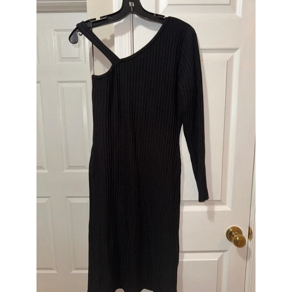 One Shoulder Dress Long Sleeve Ribbed Knit Bodycon‎ Midi Dress - Picture 8 of 9